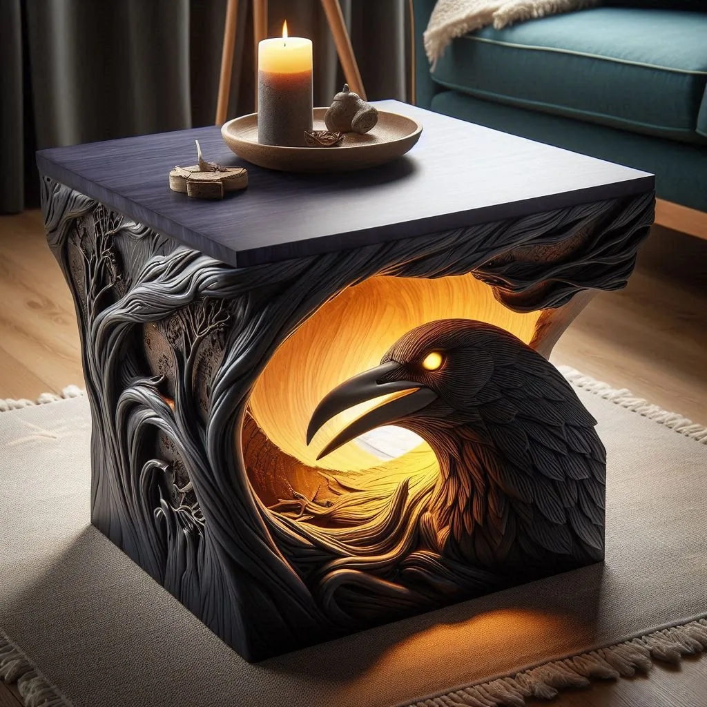 e. LED-Enhanced Crow Resin Coffee Tables